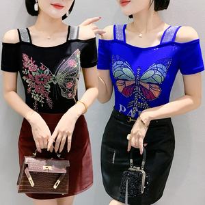 Camiseta de Fiesta para Mujer con Estampado de Mariposas, Pedrería, Hombros Descubiertos y Lentejuelas Brillantes, Top de Manga Corta para Discoteca - Product Image 2
