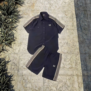 Ensemble deux pièces pour hommes japonais, respirant, tendance, été, chemises décontractées élégantes, shorts, manches courtes, rayures, tricot, vêtements de sport - Product Image 3