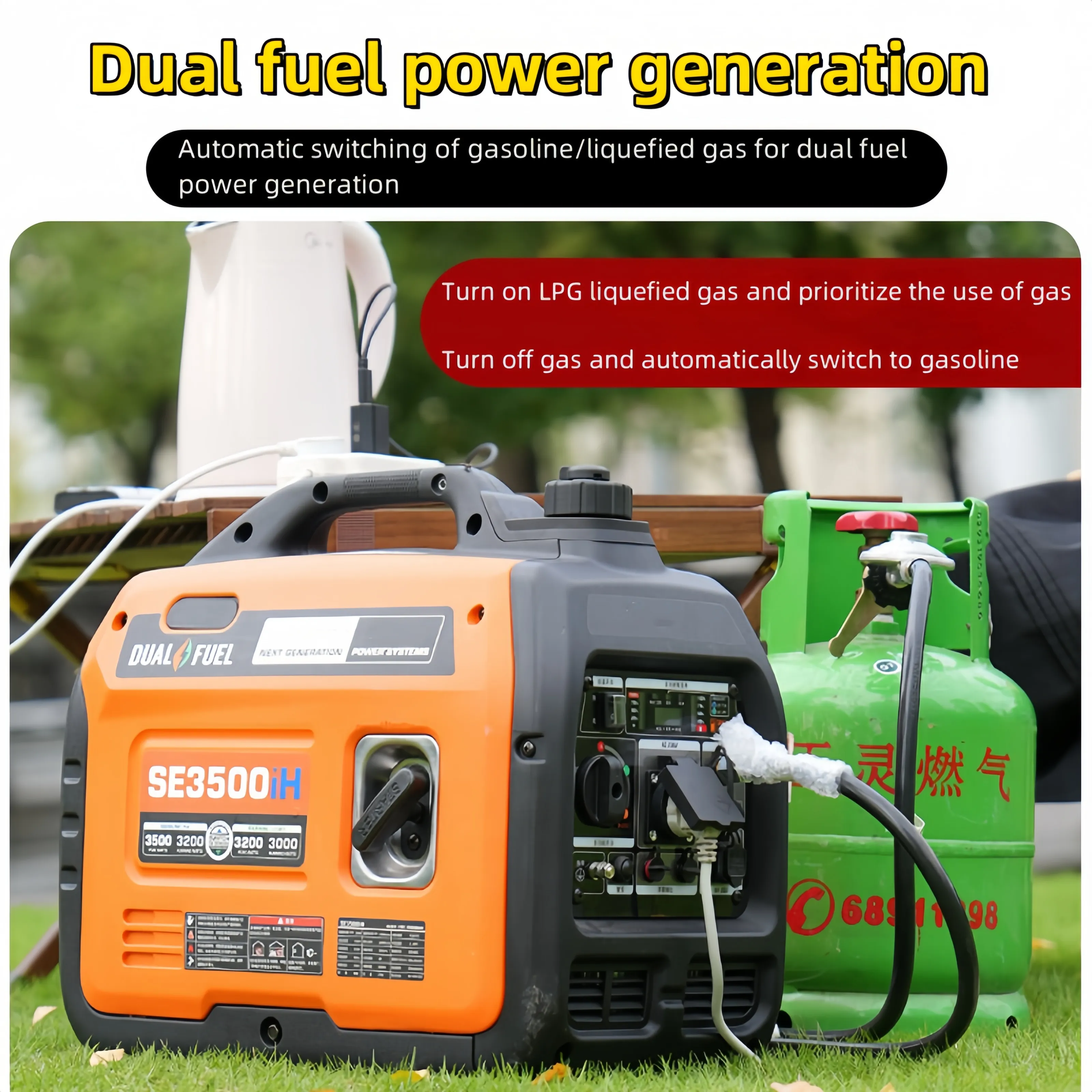 Generador inversor portátil de combustible dual de 6500 vatios, generador de arranque eléctrico para exteriores con gas propano súper silencioso