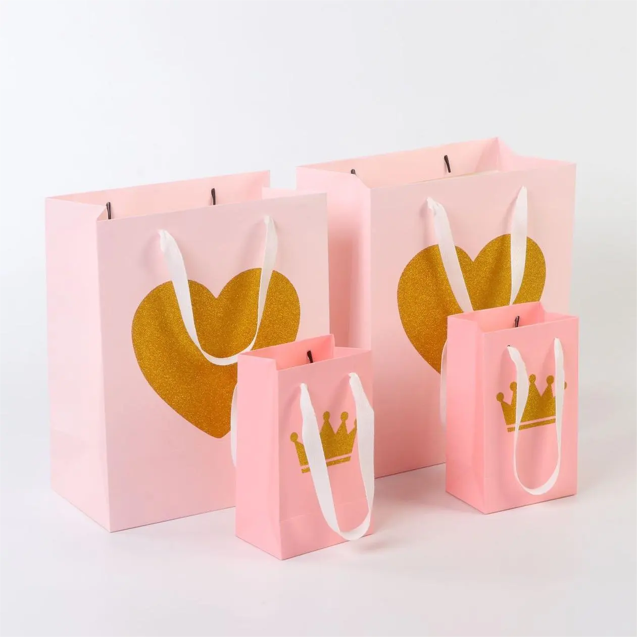 Custom luxury glitter gold Hot Stamping paper bag White card bag UV printing pink gift paper bags for small business