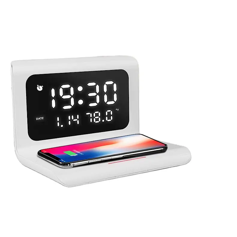 Hot Selling Desktop LED Screen Alarm Clock Thermometer Qi Wireless Charger Time Display Table Stand Charger