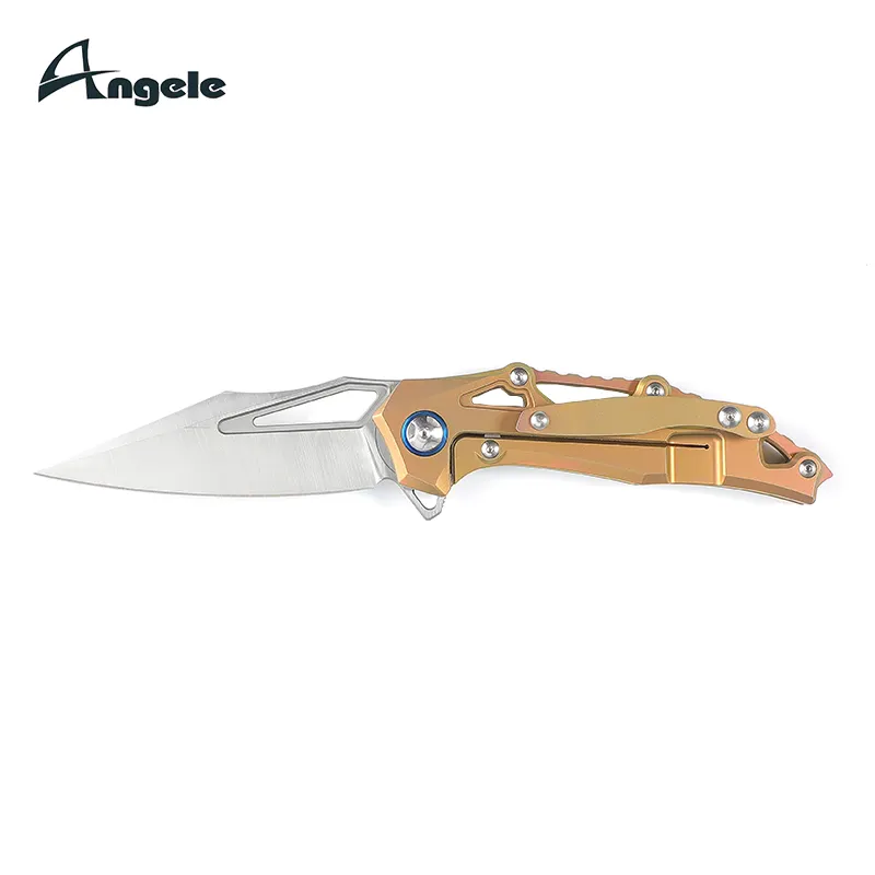 ANGELE Couteaux de poche à roulement à billes avec poignée en alliage de TC4-Titanium à lame M390 exquise de haute dureté avec boîte cadeau