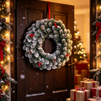 Corona Navideña de Pino con Nieve Artificial UMIND, Decorada con Bayas Rojas y Piñas, Adorno Navideño para Interiores y Exteriores, Puerta Principal del Hogar