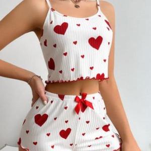 Conjunto de pijama para mujer, ropa de dormir de 2 piezas, camiseta sin mangas y pantalones cortos, suave, informal, con estampado de amor, tallas S, M, L - Product Image 1