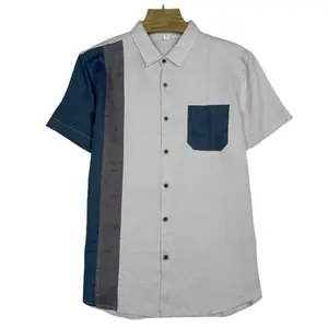 Wholesale High Quality Splicing Style Turndown Collar Button Down Loose Comfortable Short Sleeved Men's Linen Shirt for Daily