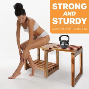 Wooden <b>Bathroom</b> Storage <b>Stool</b> With Shelf <b>For</b> Shower And Toilet Use 41-72x28x38.5cm Minimalist Design - Product Image 4