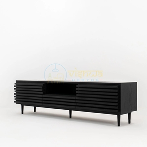 Console TV moderne Ridgeline Noir à cannelures, unité multimédia en bois massif noir à lattes, étagère ouverte, pieds tournés, pour salon, décoration intérieure, 65 po - Product Image 1
