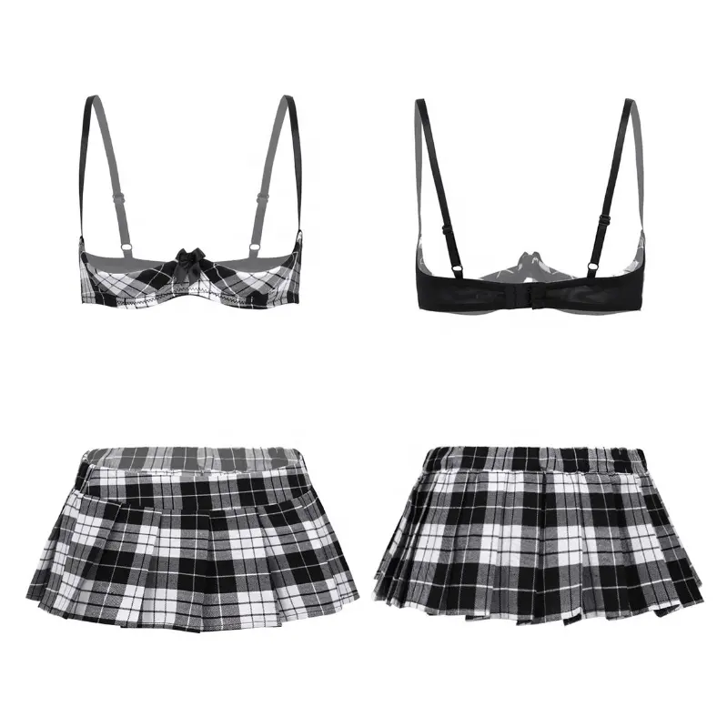 Fashion Women Sexy Lingerie Set School Girls Cosplay Costumes Open Cup Bra Top with Pleated Mini Skirt