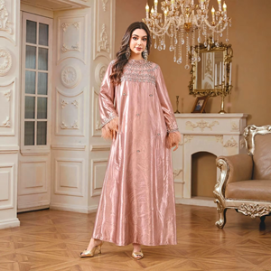 Abaya Brillante <span class=keywords><strong>de</strong></span> Satén Hecha a Mano con Pedrería para Mujer, Decoración <span class=keywords><strong>de</strong></span> Plumas en los Puños, Manga Larga Holgada, Vestido Maxi <span class=keywords><strong>de</strong></span> Lujo para Fiesta Musulmana - Product Image 3