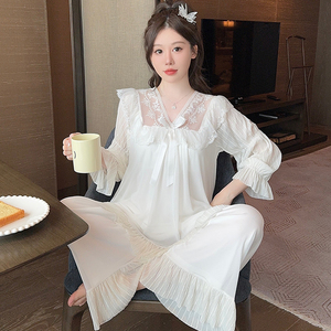 Primavera otoño sólido Pijamas mujer cuello en V conjuntos encaje ropa de dormir dulce suelto Paj conjunto estilo malla pijamas conjunto nuevo diseño camisones - Product Image 1