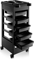 Chariot de coiffure moderne en plastique noir à 5 niveaux et 4 roues, avec vérin pneumatique, support pour bol de teinture et fonctions d'organisation, pour usage en salon