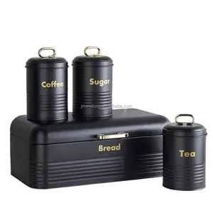 Metal Home Kitchen Bread Box Bread Bin Tea Coffee Sugar Canister Set With Lid Golden Handle Storage Container