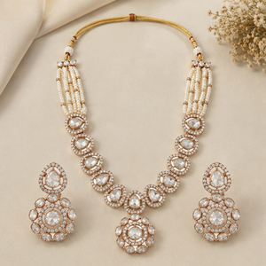 925 <b>Silver</b> Necklace and Earrings Set for Women White Pearls Kundan Work Traditional Indian Bridal Jewelry Pendant Set - Product Image 1