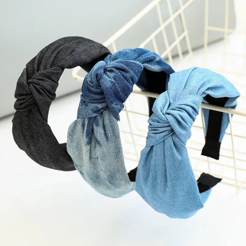 LRTOU оптовая продажа Новые женские модные корейские головные уборы аксессуары для волос синяя джинсовая повязка на голову с узлом
