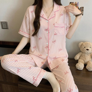 Piyama Cardigan Wanita Berkerah Kancing 2pcs Set Cerep Motif Kartun Kasual Lengan Pendek Bahan Tipis Baju Tidur Rumah - Product Image 3