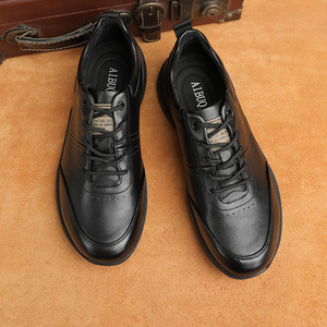 Chaussures décontractées pour hommes à bout rond en cuir à lacets, semelle extérieure en caoutchouc respirante, semelle intermédiaire en EVA, toutes saisons, noires - Product Image 2