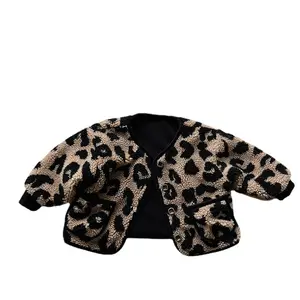 New style in 2022, girls' and girls' leopard print plush flower jackets, casual thick collarless cotton jackets aged 1-8