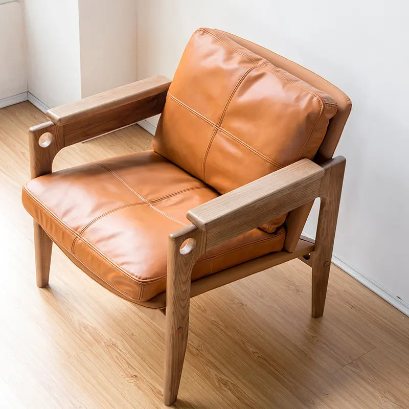 YIPJ ผ้าเลานจ์เก้าอี้ไม้โซฟาเก้าอี้ห้องนั่งเล่นที่ทันสมัยหนังเฟอร์นิเจอร์บ้านโบราณ Nordic เก้าอี้ไม้
