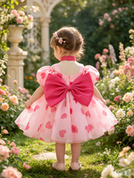 Gaun Musim Panas MQATZ untuk Anak Perempuan Kerah O-Neck Hiasan Ruffle Desain Stroberi dengan Pita Usia 1-3 Tahun Terbuat dari Bahan Taffeta