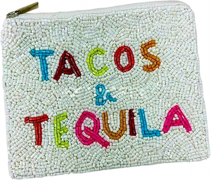 Taco and Taquila White Beaded <b>Sequined</b> Tassel Coin Purse Handmade Mini Clutch Cute Wallet Small Zipper Pouch Gift for Women - Product Image 1