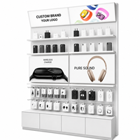 Support d'affichage d'accessoires robuste et écologique Ceres Sleek Yellow avec bande lumineuse LED, dimensions personnalisées pour les murs de magasins de téléphonie mobile