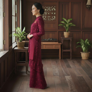 Ensemble Sedondon Raya 2025 Robe de soirée formelle modeste à manches longues pour femme musulmane, motif géométrique, écologique, coupe trapèze, vintage, brodée - Product Image 2