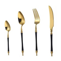 Ensemble de couverts de haute qualité, lourd, 4 pièces (cuillères, fourchettes, couteaux), noir et or, en acier inoxydable poli miroir, réutilisable pour les fêtes