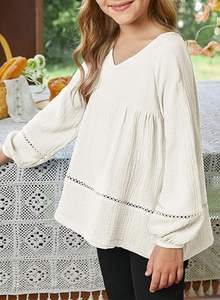 Traje holgado para niñas elegante bohemio azul cielo algodón muselina cuello en V linterna manga larga diseño hueco blusa básica Tops - Product Image 3