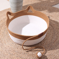 Panier en rotin tressé à motif uni pour chat, avec coussin et balles de jeu, lit pour chat en coton doux pour toutes les saisons