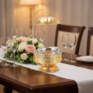 Ensemble de réchauds de buffet dorés 8L avec support à combustible pour réceptions de mariage, traiteur, chauffe-plats avec couvercle élégant suspendu - Product Image 2