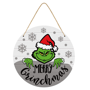 Letrero de bienvenida navideño del Grinch, decoración de madera para puerta principal, placa redonda colgante de Feliz <span class=keywords><strong>Grinchmas</strong></span>, adorno festivo para fiestas navideñas - Product Image 1