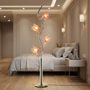Floral Accent <b>Floor</b> <b>Lamp</b>, four glowing lotus heads, wavy golden rod, soft warm ambient light for modern interior decor - Product Image 1