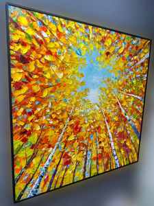 Dipinto Paesaggistico Autunnale su Tela, Foresta di Betulla Dipinta a Mano con Luce Solare, Arte Murale Acrilica per Casa - Product Image 4