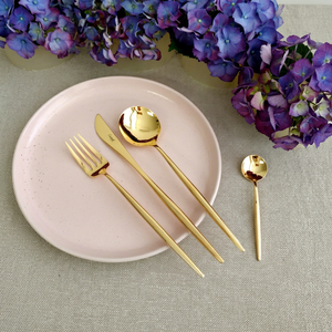 Creative Slim Handle <b>Gold</b> <b>Cutlery</b> <b>Set</b> High End Mirror Polished Brass Finish Round Spoon Flatware <b>Set</b> for Catering - Product Image 1