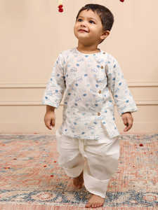 Kurta pour garçons imprimé éléphant crème avec pantalon Dhoti blanc, tenue ethnique traditionnelle pour enfants, idéale pour les fêtes et les mariages - Product Image 4