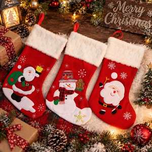 Christmas Fireplace Hanging Stockings-Red White With Plush Cuff Embroidered Snowflake <b>Gift</b> Candy Bag Xmas <b>Sock</b> Sack - Product Image 2