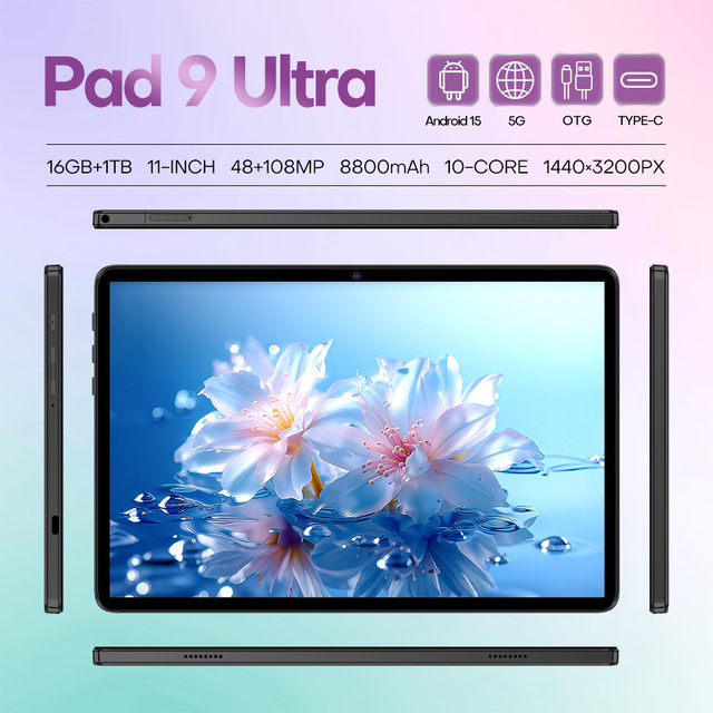 Customizable Pad 9 Ultra New Android Tablet PC 11 Inch Large Screen 5G 4G LTE WiFi for GPS 16GB Android 15 Educational