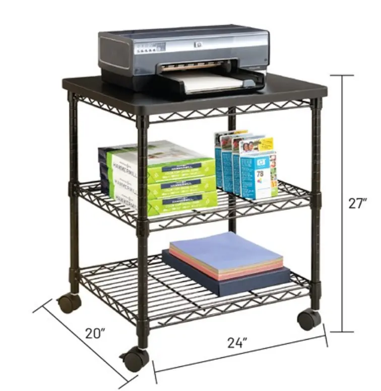 プリンター収納カート用MDFトップ付き3層多目的ワイヤーシェルフまたはバスケットラック