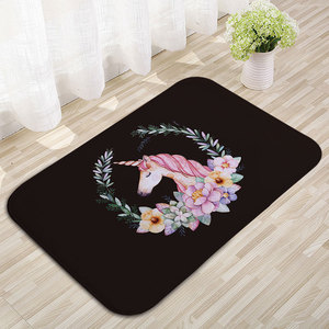 Tapis de sol en velours cristal rectangulaire antidérapant et absorbant pour salle de bain et baie vitrée, sur mesure avec motif licorne floral - Product Image 2