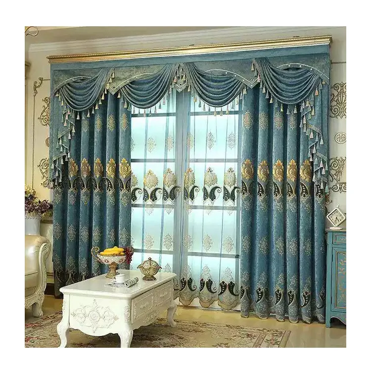 Cortinas blackout bordadas em atacado, cortinas de luxo feitas sob encomenda, estilo europeu, para blackout da sala de estar