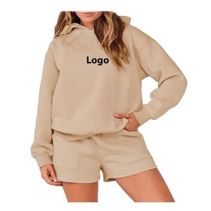 Ensemble 2 pièces pour femme, beige, sweat à capuche et short, coupe ample décontractée, polaire, couleur unie, tenue quotidienne, toutes saisons - Product Image 2