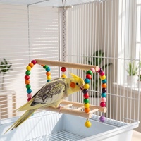 Jouet pour perroquet : Perroquet suspendu en bois coloré avec perles, échelle, balançoire, escalier et pont suspendu arqué, design arrondi