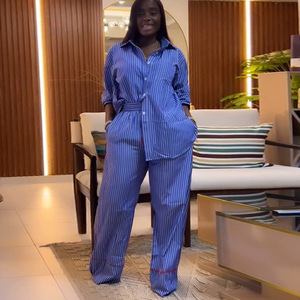 Ensemble Décontracté Femme Nouvelle Mode Été 2025, Chemise Rayée Boutonnée à Manches Longues et Pantalon Ample - Product Image 2