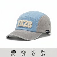 Casquette de campingur 5 panneaux style skater rétro en coton délavé, panneaux contrastants, visière effilochée, broderie 3D en relief, marque GRS écoresponsable