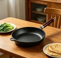 Ustensiles de cuisine européens, poêle en fonte de 24 cm avec manche en bois, revêtement antiadhésif à l'huile végétale de 9,4 pouces, poêle ronde pour la cuisson