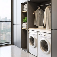 Buffet blanc moderne avec évier et lave-linge intégré, tiroirs de rangement, armoire sans poignées pour appartement, sur mesure