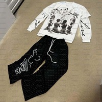 Pantalon de survêtement surdimensionné en coton deux pièces personnalisé délavé à l'acide ensemble t-shirt à manches longues double épaisseur et pantalon en strass pour hommes