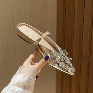 Pearl Women Shoes Rhinestone 3CM Heel <b>Half</b> Slipper Sandals Fashion Muller Shoes Casual Versatile Single Shoes - Product Image 3
