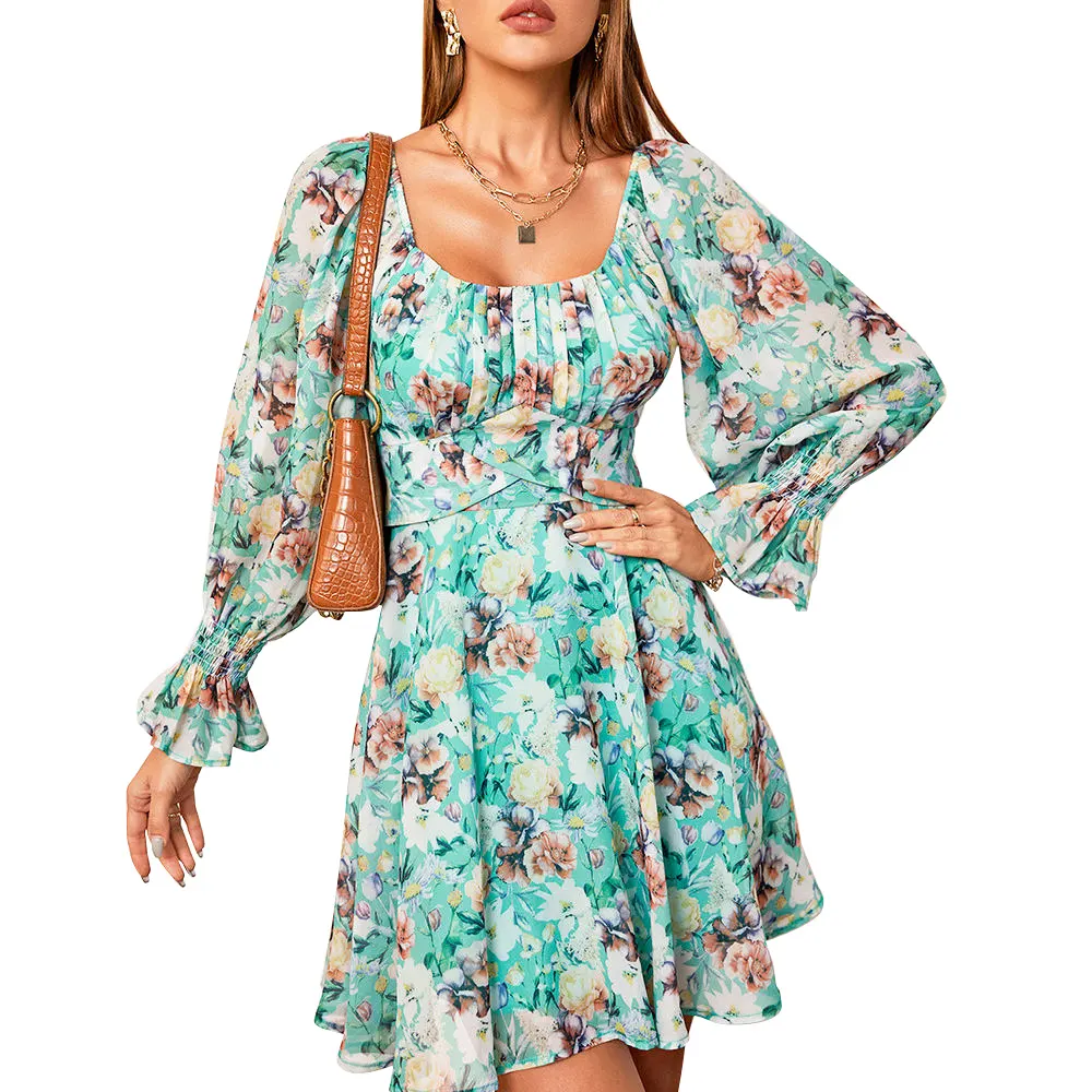 2022 summer boho Styles Women New Clothing Square Collar Floral Printing Dress Women Mini Dress Casual