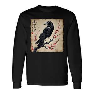 Camiseta de manga larga vintage con diseño de pájaro japonés Black Raven - Product Image 2